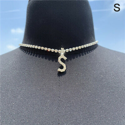 Yu Fashions Rhinestone Alphabet Name Initial Pendent Necklace Tennis Chain