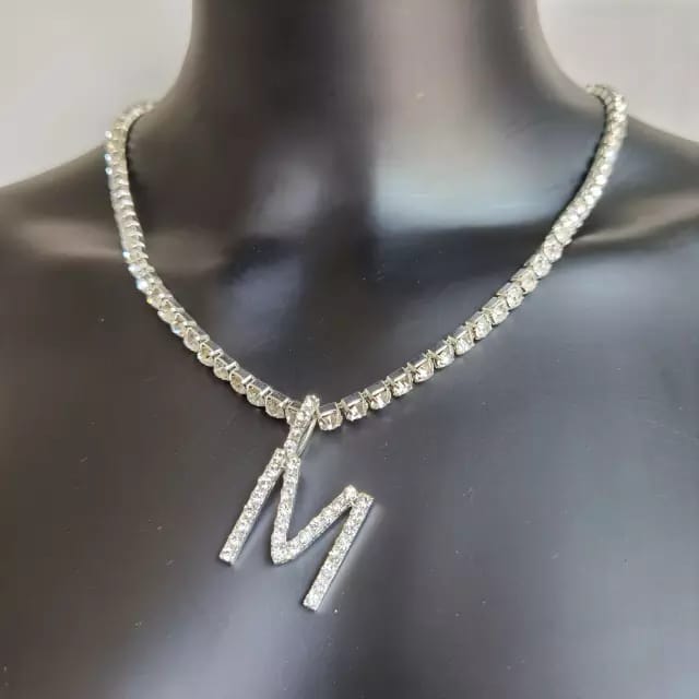 Yu Fashions Rhinestone Alphabet Name Initial Pendent Necklace Tennis Chain