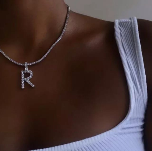 Yu Fashions Rhinestone Alphabet Name Initial Pendent Necklace Tennis Chain