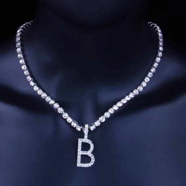Yu Fashions Rhinestone Alphabet Name Initial Pendent Necklace Tennis Chain