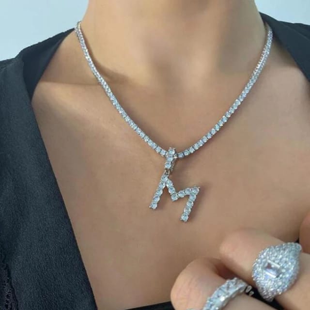 Yu Fashions Rhinestone Alphabet Name Initial Pendent Necklace Tennis Chain