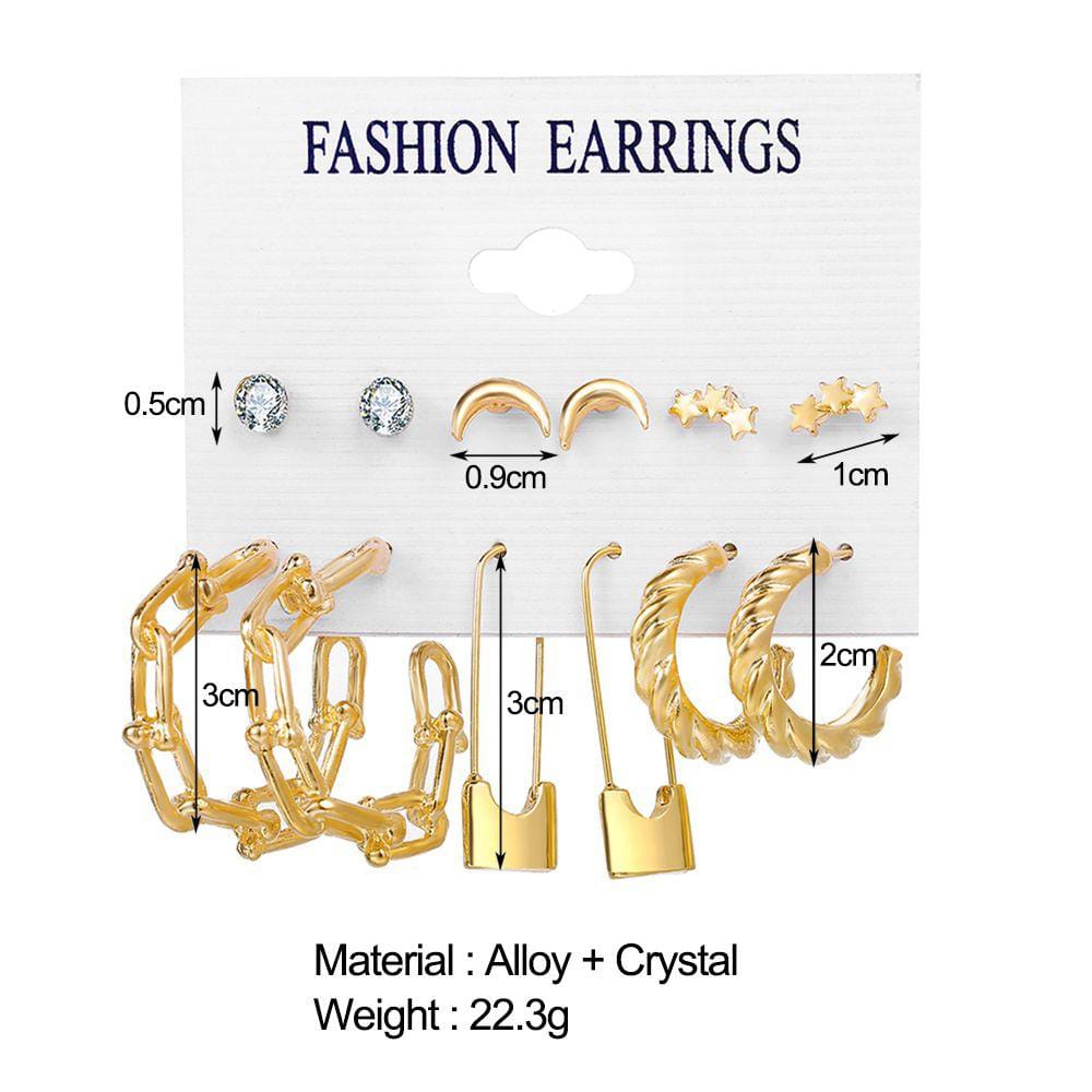 Stylish Golden Star Geometrical Safety Pin Hoop Earrings Set of 6 Pairs For Women