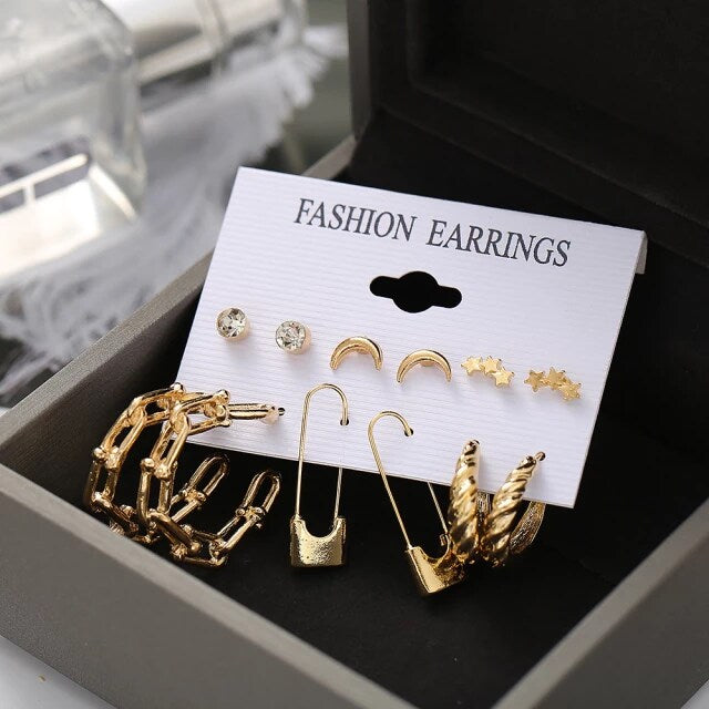 Stylish Golden Star Geometrical Safety Pin Hoop Earrings Set of 6 Pairs For Women