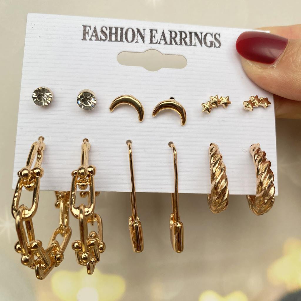 Stylish Golden Star Geometrical Safety Pin Hoop Earrings Set of 6 Pairs For Women