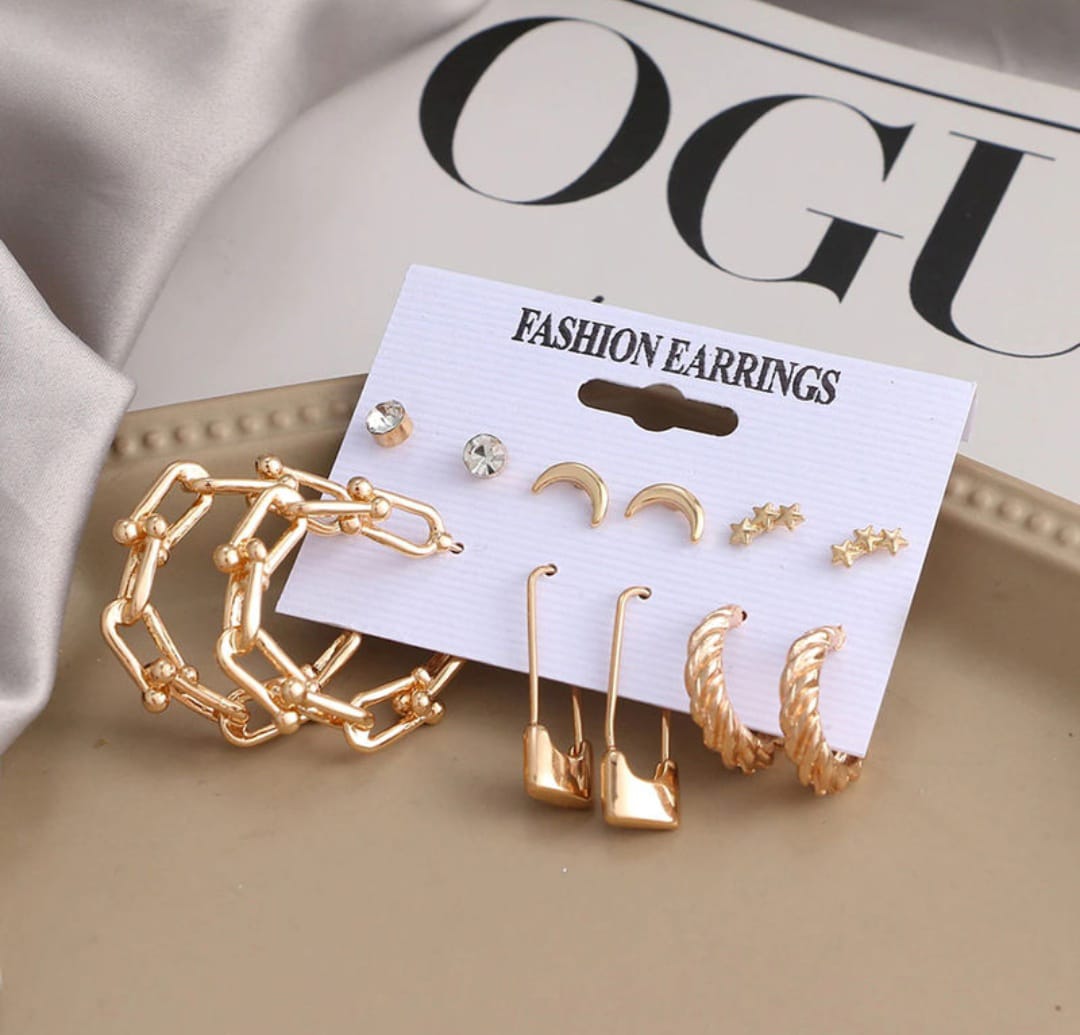 Stylish Golden Star Geometrical Safety Pin Hoop Earrings Set of 6 Pairs For Women