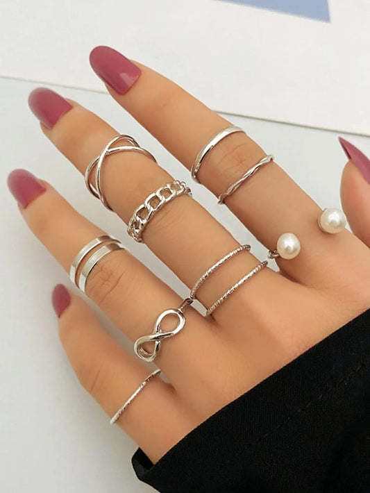 YU Fashions Pearl Link Golden Korean Ring Set of 10