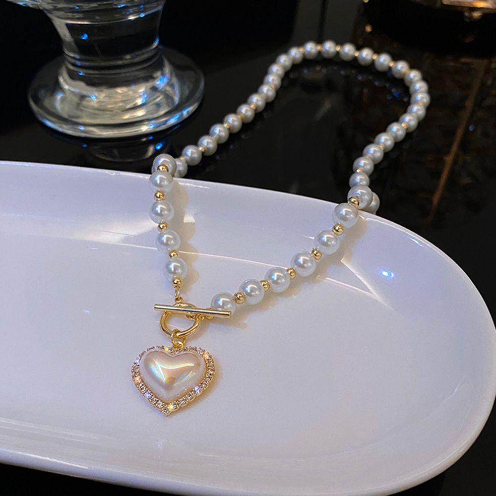 Yu Fashions Rhinestone Pearl Heart Pendent Necklace Pearl Chain