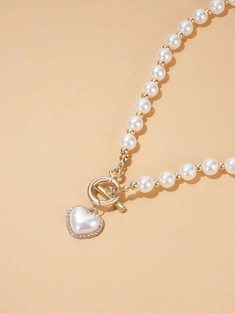 Yu Fashions Rhinestone Pearl Heart Pendent Necklace Pearl Chain