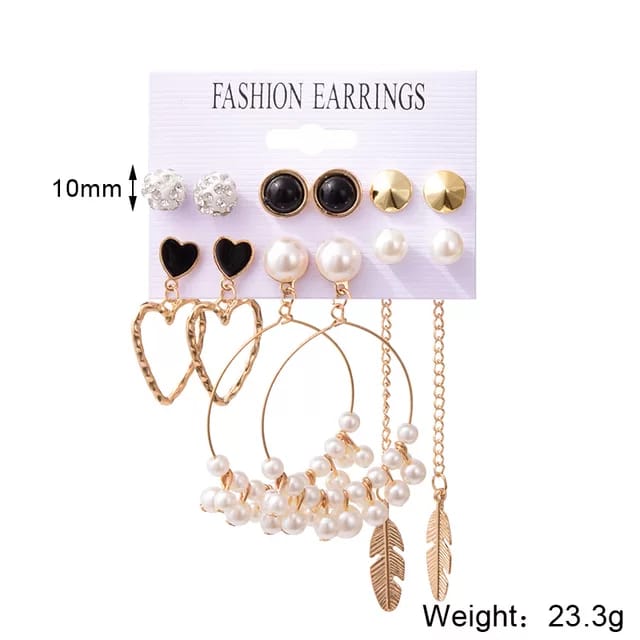 Stylish Paerl Hoop Heart golden Leaf Tassel Stud Earrings Set of 6 Pairs For Women