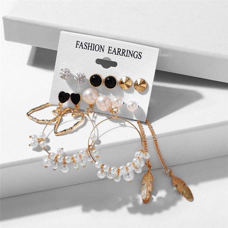 Stylish Paerl Hoop Heart golden Leaf Tassel Stud Earrings Set of 6 Pairs For Women
