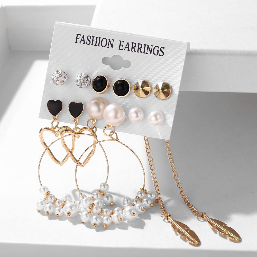 Stylish Paerl Hoop Heart golden Leaf Tassel Stud Earrings Set of 6 Pairs For Women