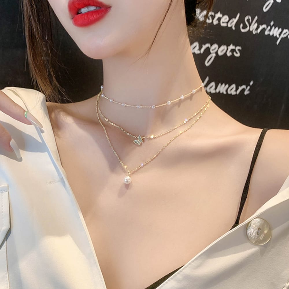 Yu Fashions Trending 3 layered Pearl Pendent Butterfly Pearl Chain Necklace