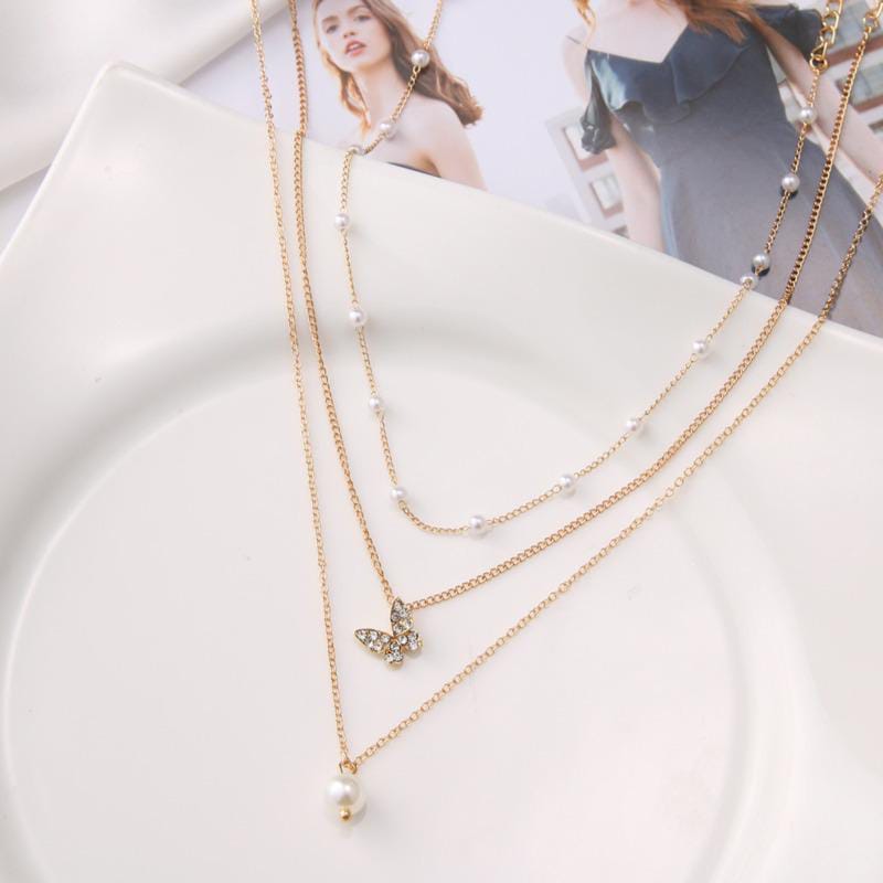 Yu Fashions Trending 3 layered Pearl Pendent Butterfly Pearl Chain Necklace