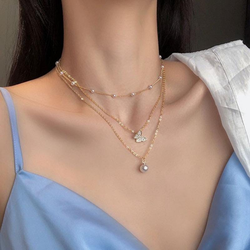 Yu Fashions Trending 3 layered Pearl Pendent Butterfly Pearl Chain Necklace