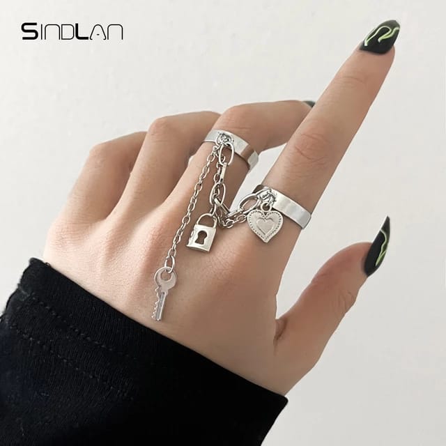 Yu Fashions Cross Vintage Heart Lock Key High Fashion dual Joined Korean Ring Set