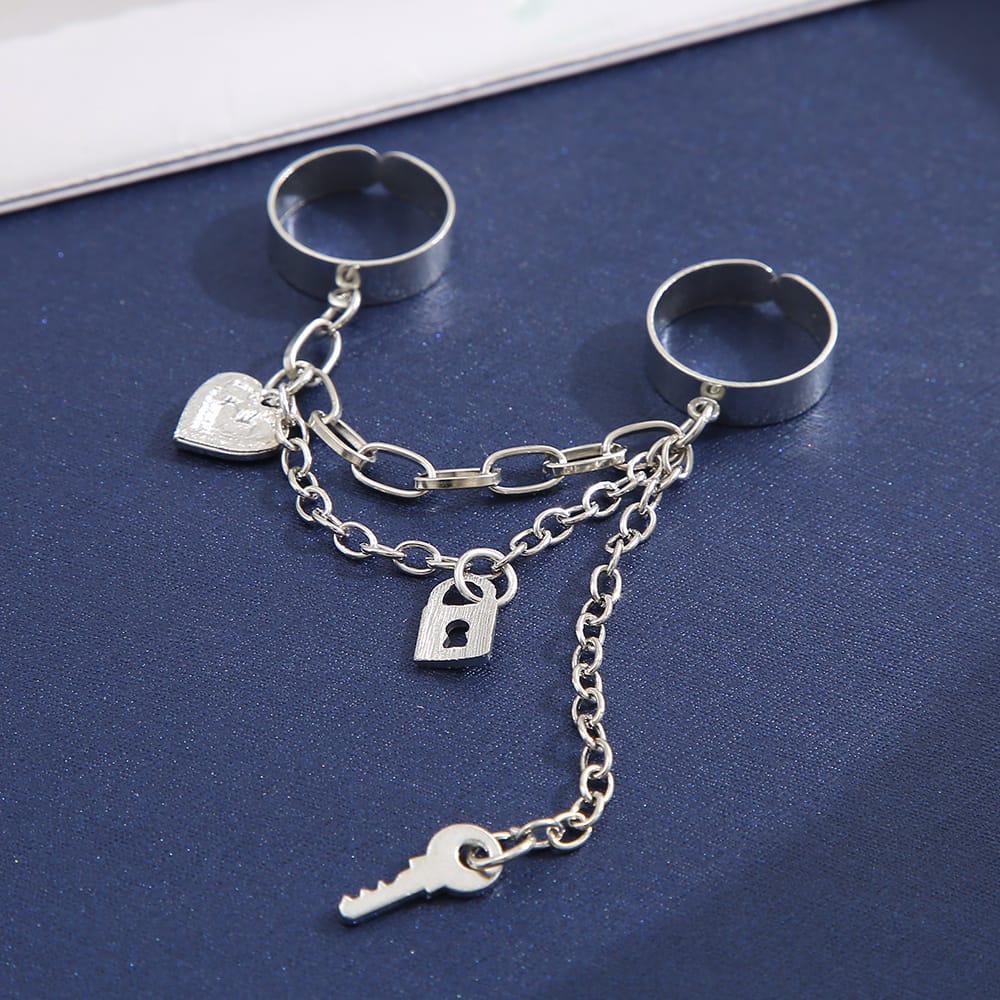Yu Fashions Cross Vintage Heart Lock Key High Fashion dual Joined Korean Ring Set