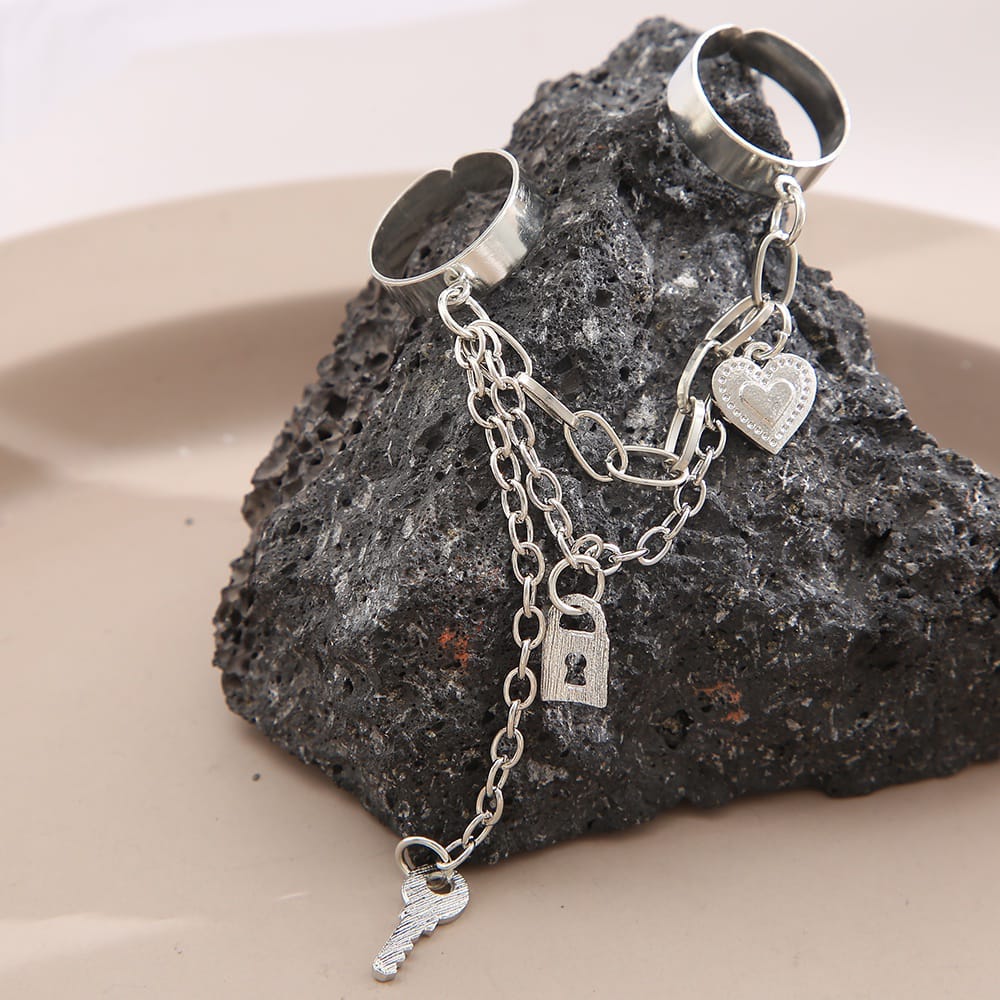 Yu Fashions Cross Vintage Heart Lock Key High Fashion dual Joined Korean Ring Set