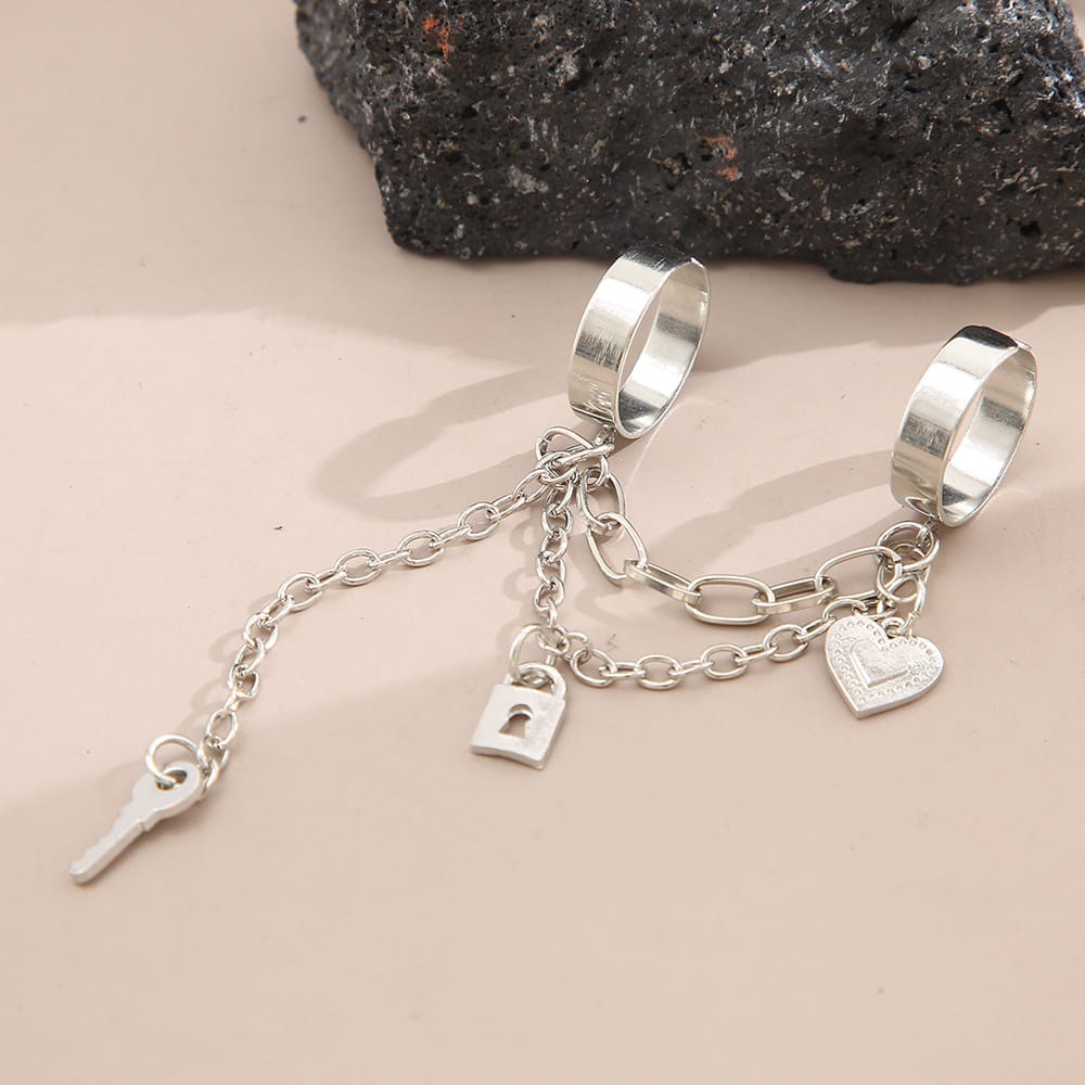 Yu Fashions Cross Vintage Heart Lock Key High Fashion dual Joined Korean Ring Set