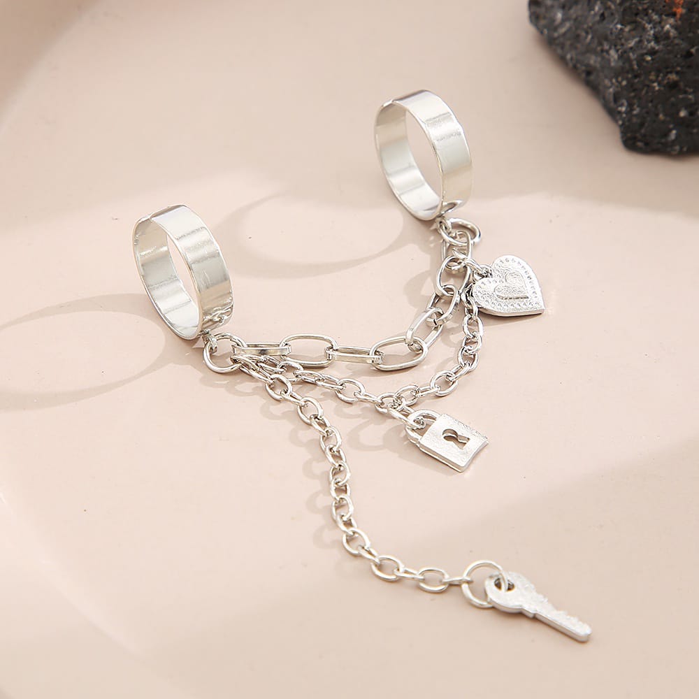 Yu Fashions Cross Vintage Heart Lock Key High Fashion dual Joined Korean Ring Set