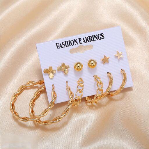 Stylish Golden Hoops Studs Earrings Set of 6 Pairs For Women