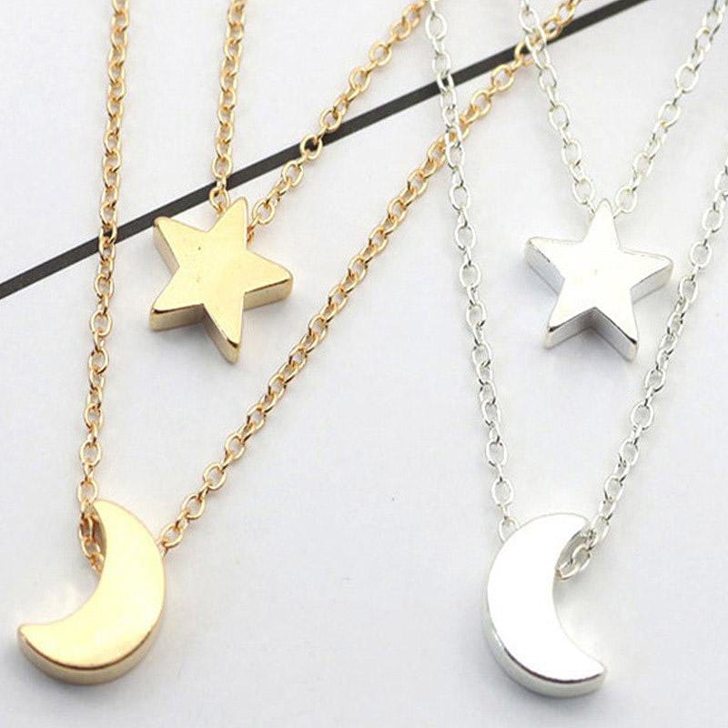 Yu Fashions Moon & Star Minimal Pendent 2 layered Necklace Chain