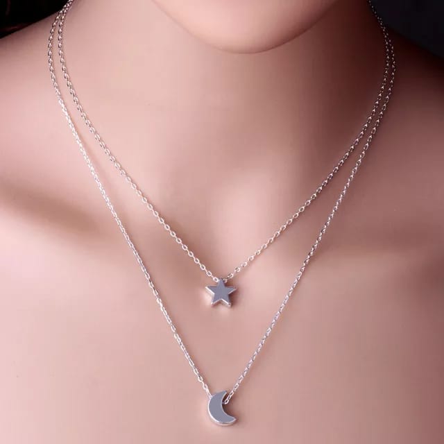 Yu Fashions Moon & Star Minimal Pendent 2 layered Necklace Chain
