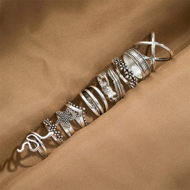Yu Fashions Snake Leaf Bohemian Oxidized Silver Ring Set of 9