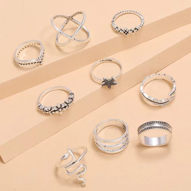 Yu Fashions Snake Leaf Bohemian Oxidized Silver Ring Set of 9