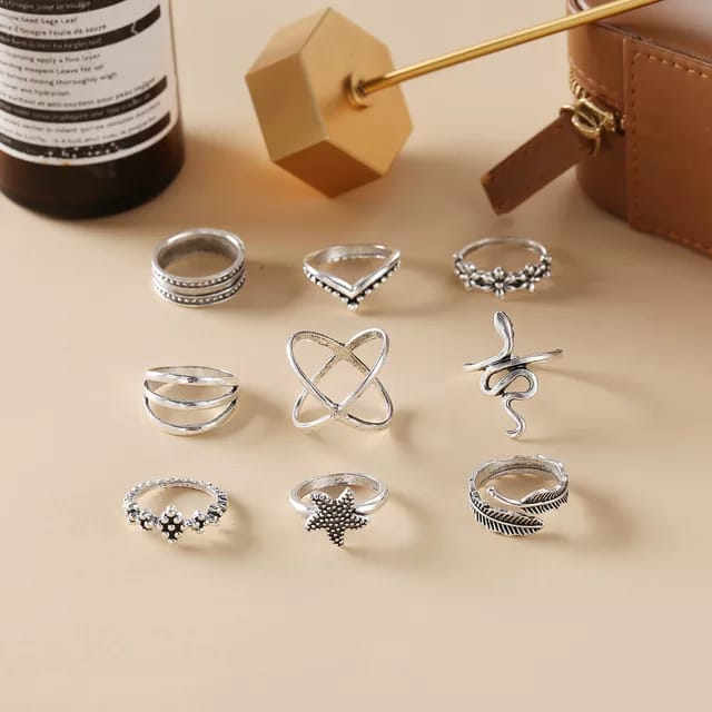 Yu Fashions Snake Leaf Bohemian Oxidized Silver Ring Set of 9