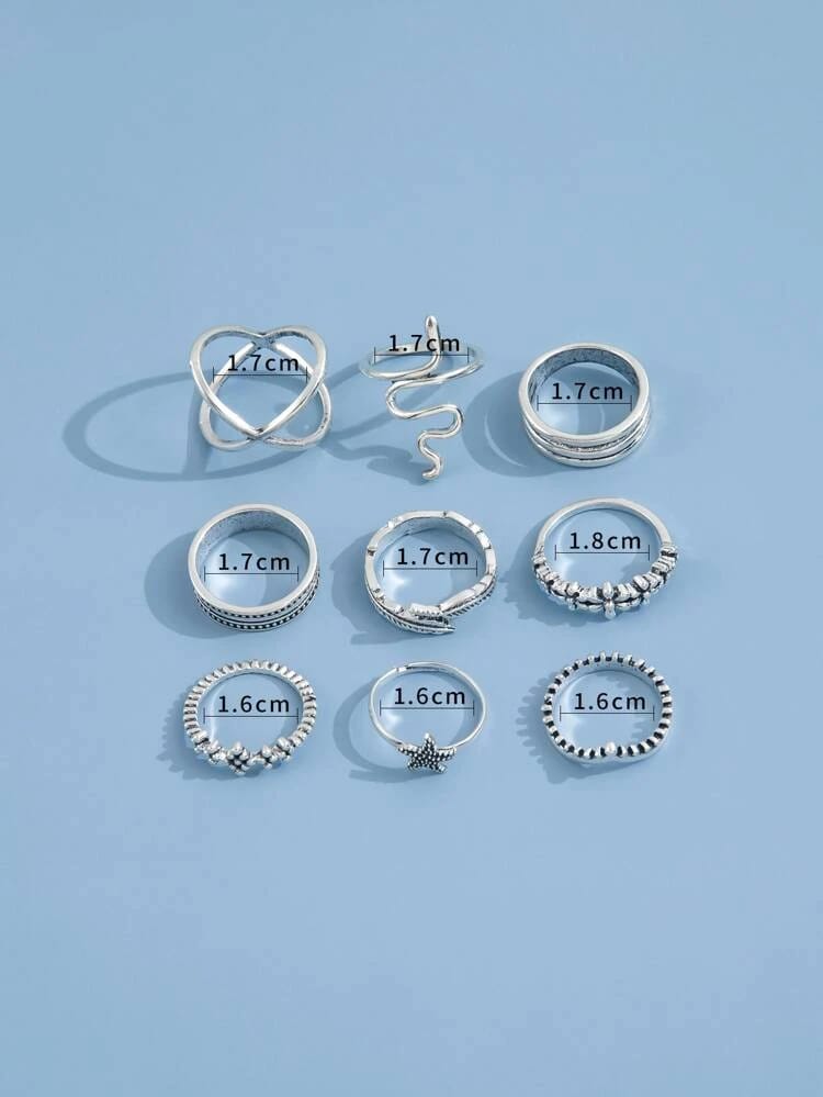 Yu Fashions Snake Leaf Bohemian Oxidized Silver Ring Set of 9