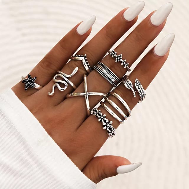 Yu Fashions Snake Leaf Bohemian Oxidized Silver Ring Set of 9