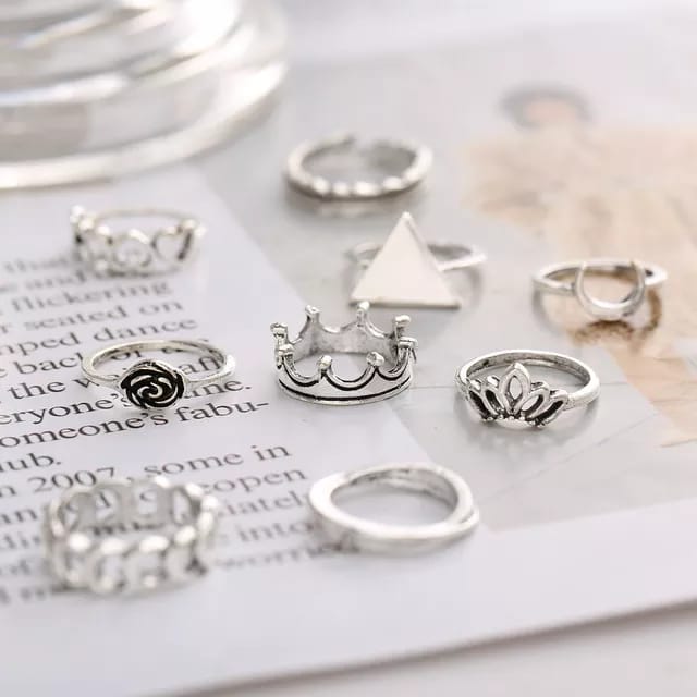 Yu Fashions Triangle Flower Crown Bohemian Link Ring Set of 10