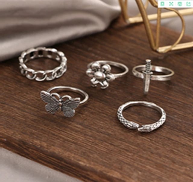 YU Fashions Retro Silver Butterfly Heart Ring Set of 5