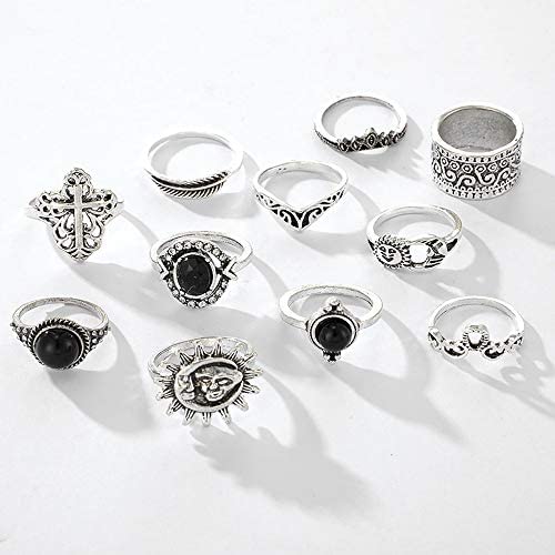 Yu Fashions Sunflower Black Beads Bohemian Silver Ring Set of 11