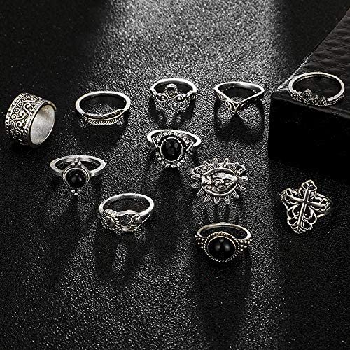 Yu Fashions Sunflower Black Beads Bohemian Silver Ring Set of 11