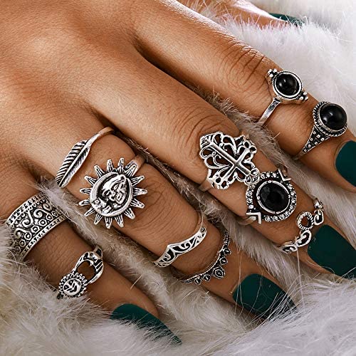Yu Fashions Sunflower Black Beads Bohemian Silver Ring Set of 11