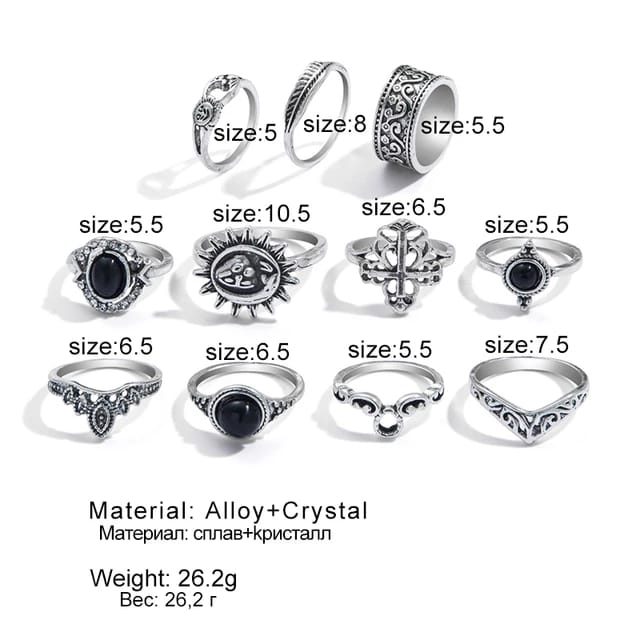 Yu Fashions Sunflower Black Beads Bohemian Silver Ring Set of 11