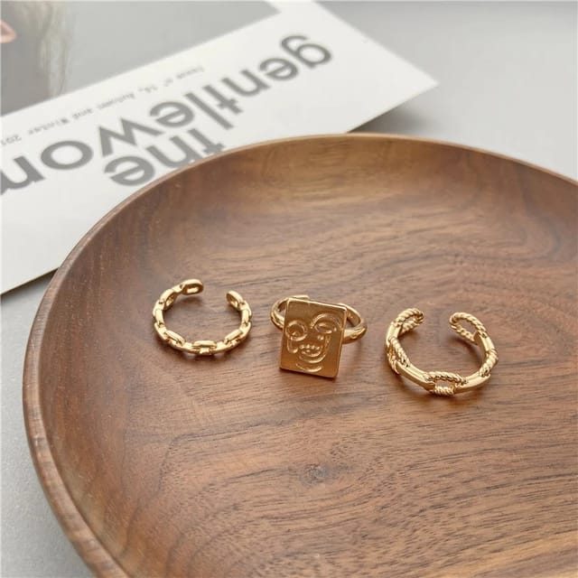 Yu Fashions Bohemian Golden Ring Vintage Face Link Chain Ring Set of 3