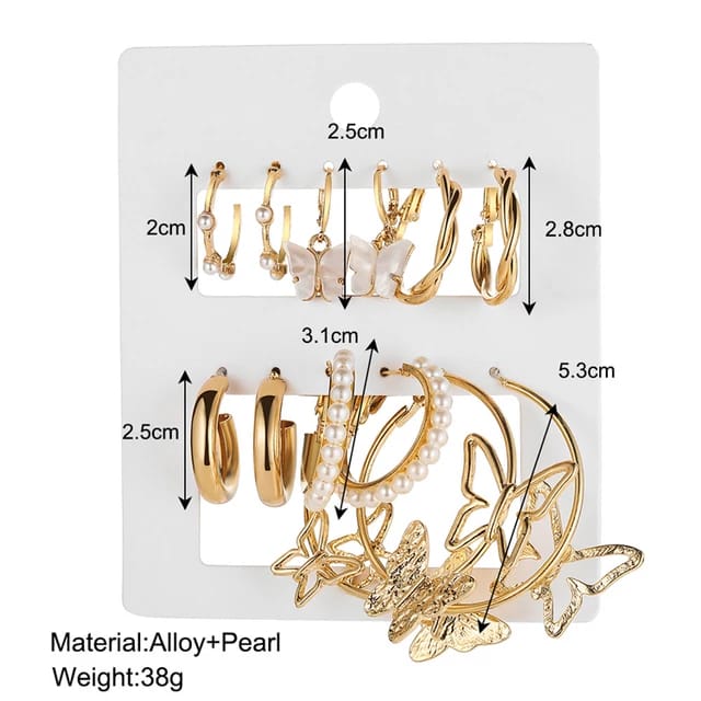 Stylish Golden White Butterfly Pearl Hoops Earrings Set of 6 Pairs For Women