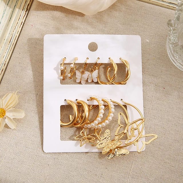 Stylish Golden White Butterfly Pearl Hoops Earrings Set of 6 Pairs For Women