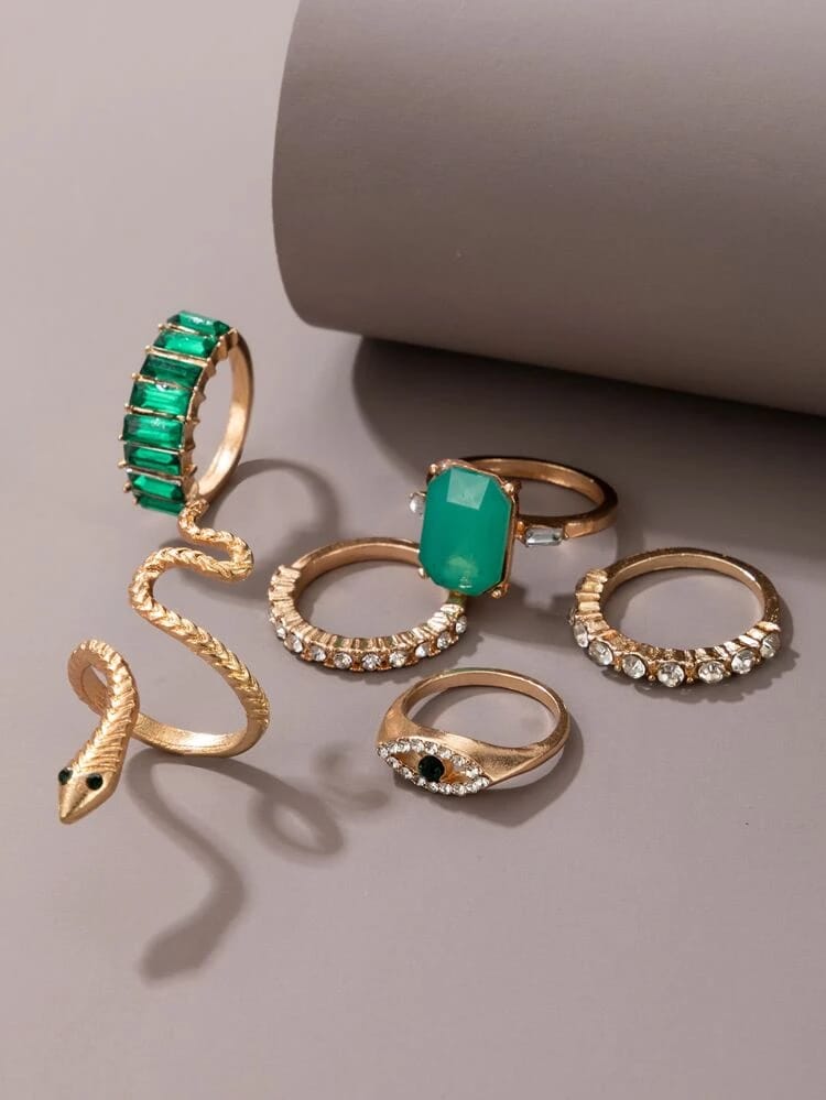Yu Fashions Green Emerald Stones Snake animal Evil Eye Ring Set of 6