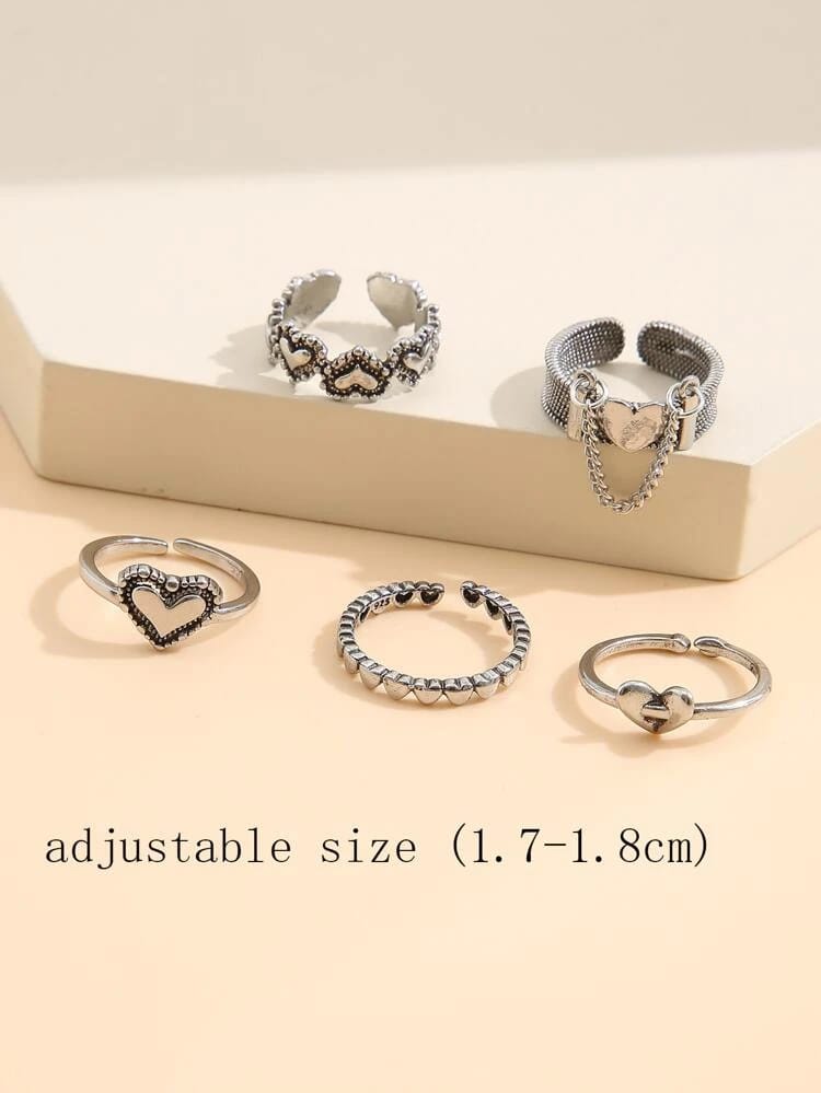 Yu Fashions Heart Chain Silver Ring Set of 5