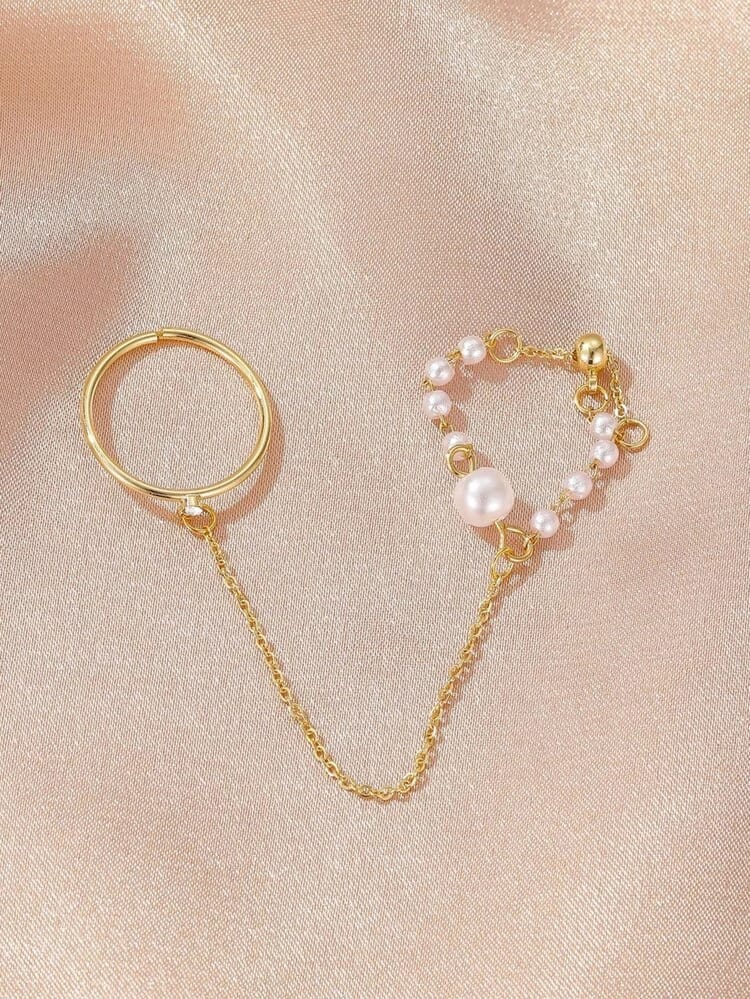 Yu Fashions Chain Pearl Joined Minimal Ring