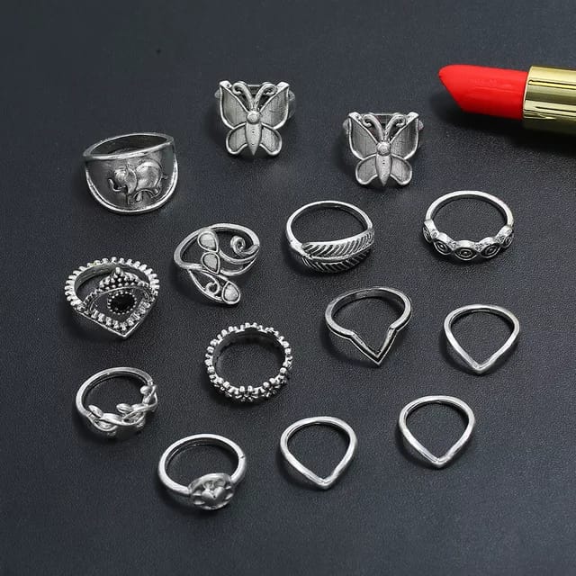 Yu Fashions Butterfly Tribal Ring Set of 14