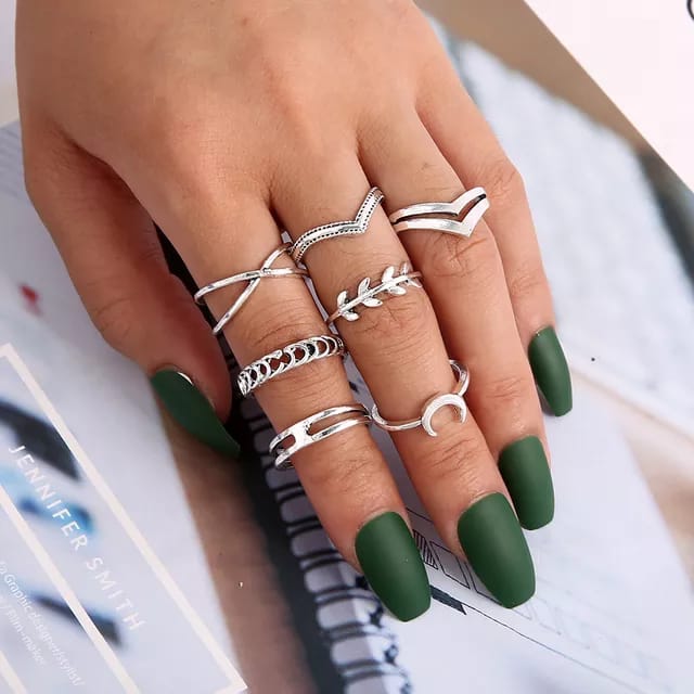 Yu Fashions Crescent Moon Silver Ring Set of 7