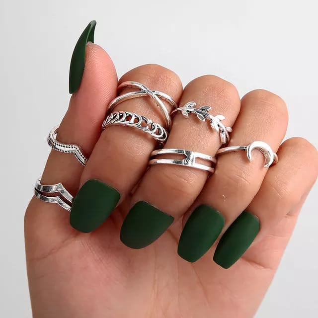 Yu Fashions Crescent Moon Silver Ring Set of 7