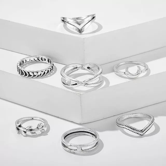 Yu Fashions Crescent Moon Silver Ring Set of 7