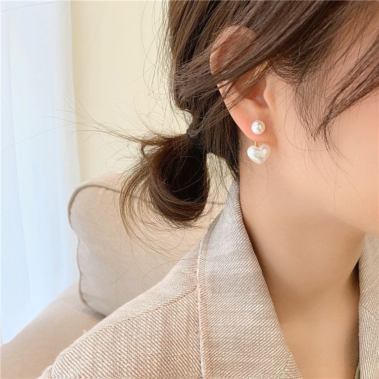 Yu Fashions Heart Shaped 2 way Freshwater Pearl Geometric Korean Earrings Pair