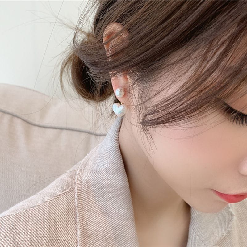 Yu Fashions Heart Shaped 2 way Freshwater Pearl Geometric Korean Earrings Pair