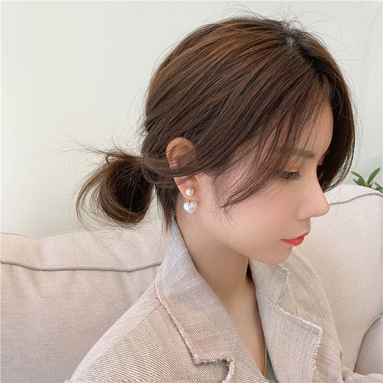 Yu Fashions Heart Shaped 2 way Freshwater Pearl Geometric Korean Earrings Pair